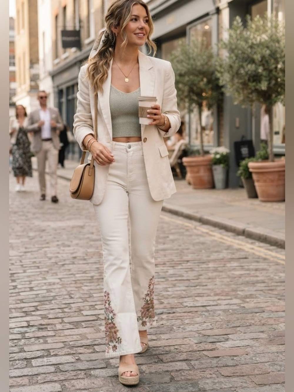 Prosperity Ivory Floral Embroidered Flare Jeans with vintage feel boho style - Picture 1 of 6